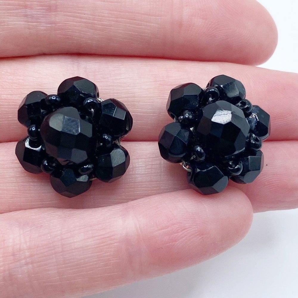 Vintage Austria Black Faceted Glass Triple Strand Necklace Pierced Earrings Set - Picture 9 of 14